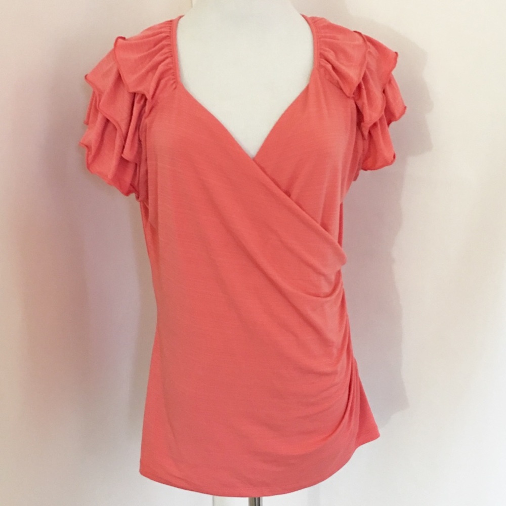East 5th Ruffle Sleeve V Neck Coral Pink Top Sz L